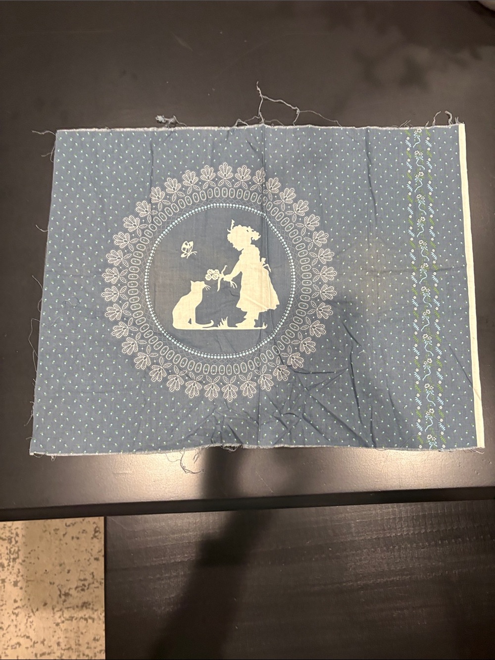 Blue Fabric Panel with Silhouette Girl and Cat 17x22
